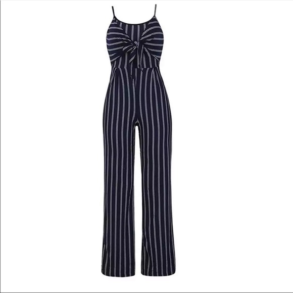 Pants - Jumpsuit Navy and White Stripes Bow Pants Straps
